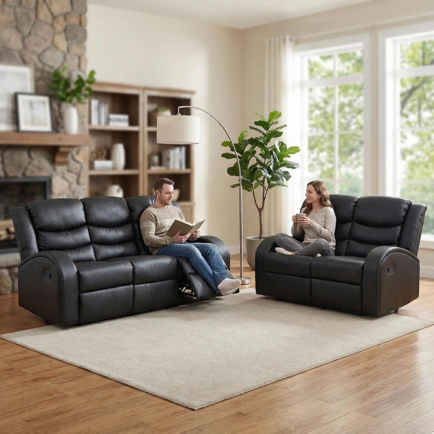 Trygoal Manual Recliner Sofa Set, Leather Reclining Living Room Furniture Set, Adjustable Backrest Reclining Loveseat Sofa and a 3 Seater Couch Furniture Set for Living Room, Home Theater, Black