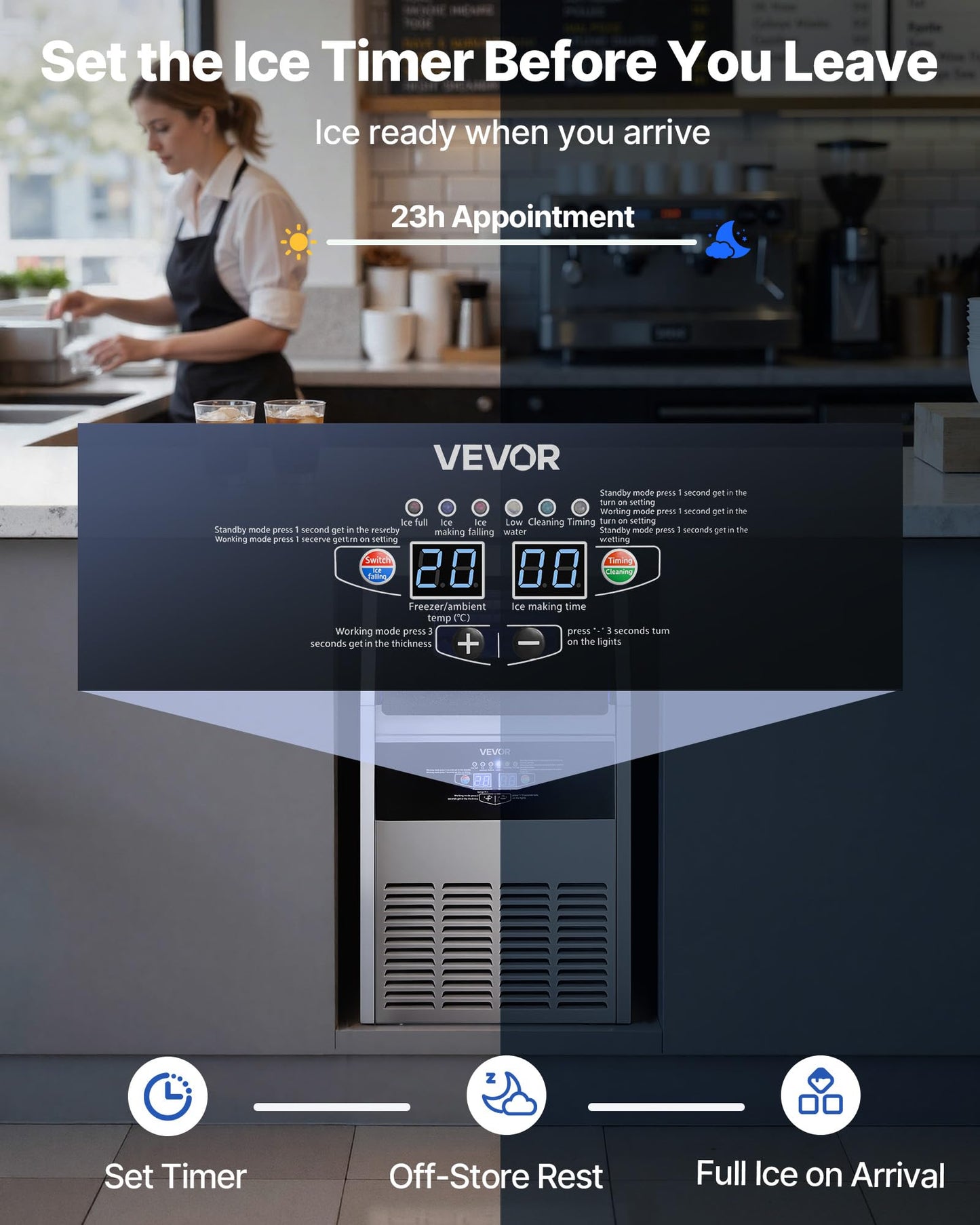 VEVOR Commercial Ice Maker Machine, 160 lbs/24h with 30 lbs Storage Capacity, Built-in/Freestanding/Under Counter, Stainless Steel Ice Maker with LED Display & Self-Cleaning, for Home Bar Restaurant