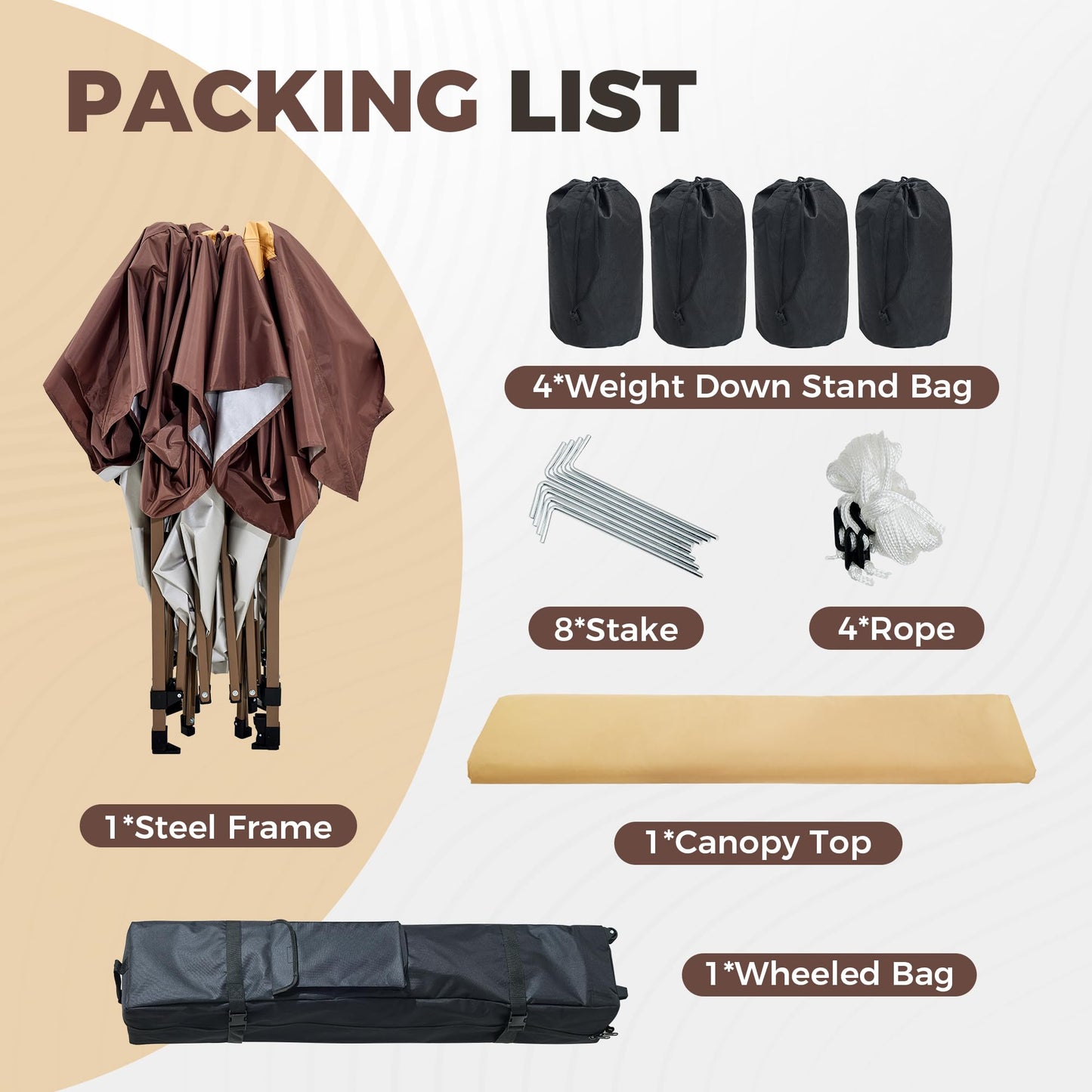 OUTDOOR LIVING SUNTIME 13x13 Instant Easy Pop Up Canopy,Portable Commercial Gazebo Camping Gazebo Tent Shelter with Wheeled Roller Carry Bag, Bonus Weight Sandbags, Stakes, Ropes -Khaki