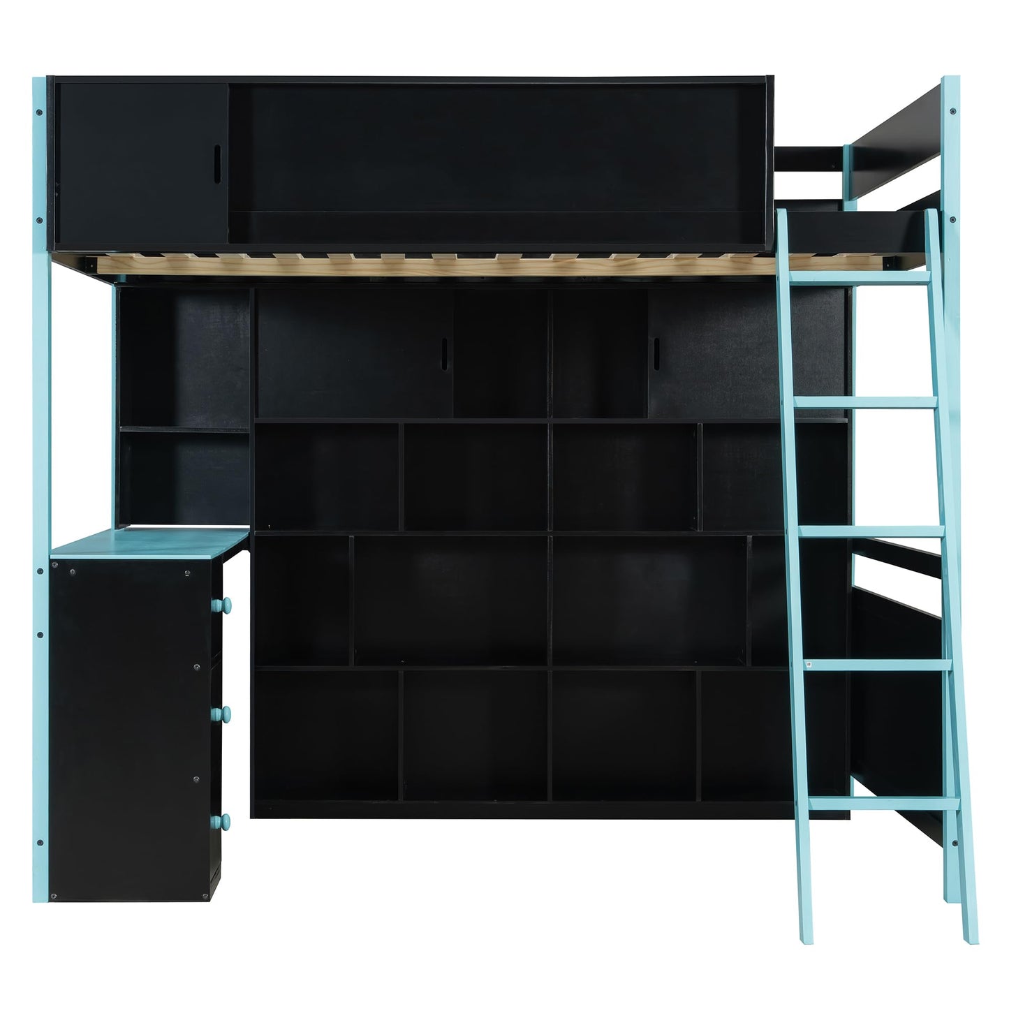 Merax Full Size Wood Loft Bed Frame with Desk and Ample Storage Space, Gaming Bed with Light Strip for Teens Bedroom, Full-Length Guardrails, No Box Spring Needed, Blue