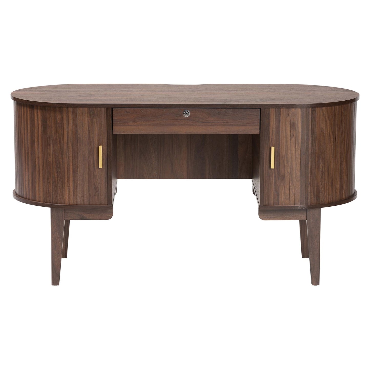 Baxton Studio Hayes Wood Writing Desk - Mid-Century Modern Oval Desk with Locking Drawer and Sliding Tambour Doors for Office or Home