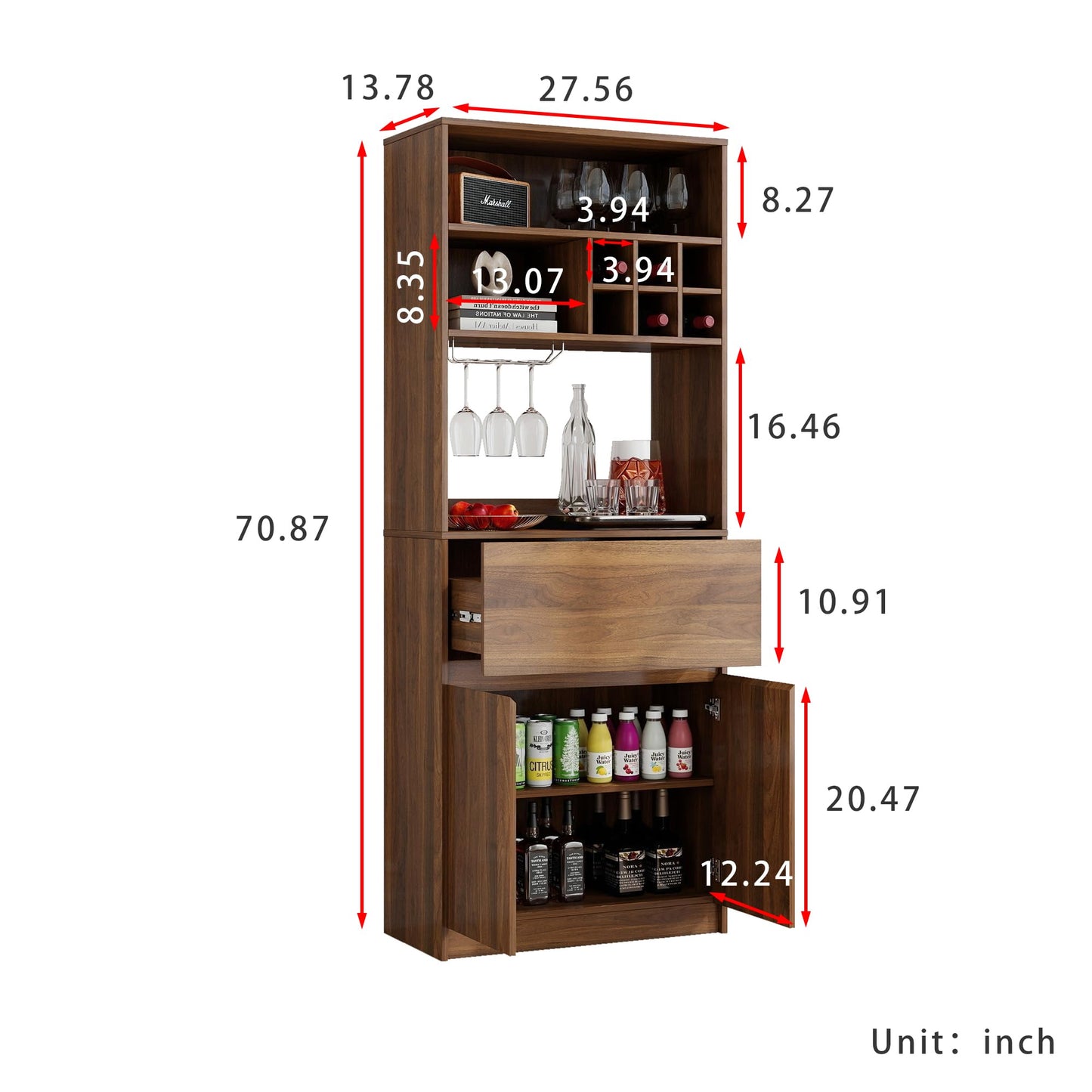 KEIKI 70.87" H Tall Kitchen Pantry Wine Bar Storage Cabinet with Countertop, Wine Rack, Glass Holder, Drawers, Wood Freestanding Hutch Food Pantries Cupboard for Coffee, Dining Living Room