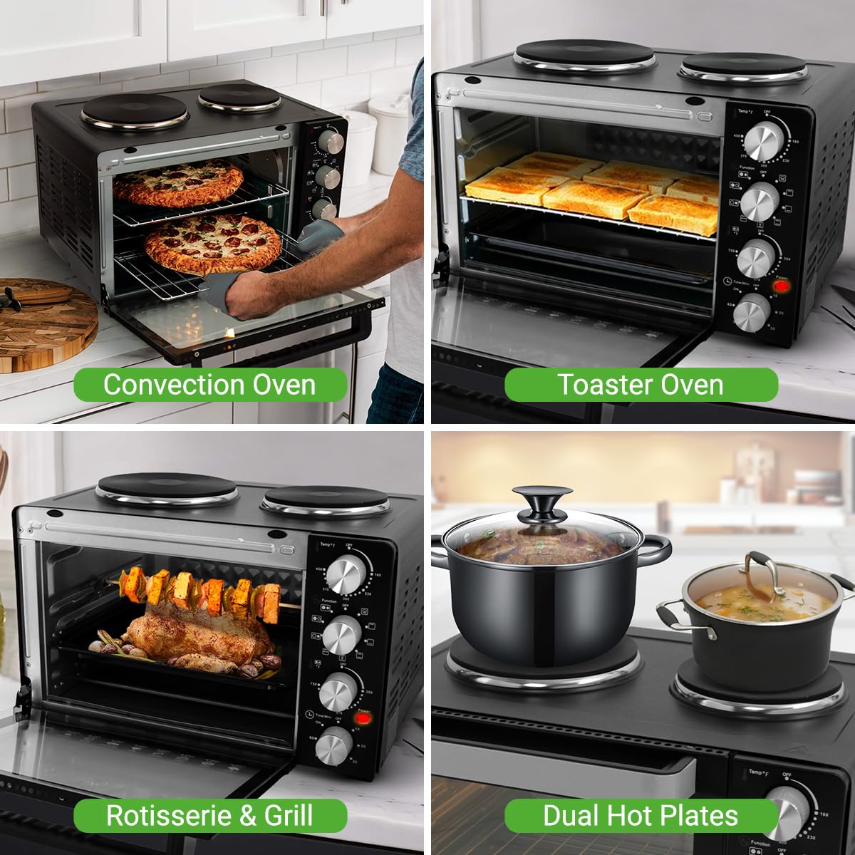 Nutrichef 2-in-1 Convection Oven & Cooker - 30 Quart, 1500W Multi-Function Kitchen Oven with Dual Hot Plates, 7 Cooking Modes Including Rotisserie, Broil, Bake - 19.6 x 16.0 x 13.5 Inches