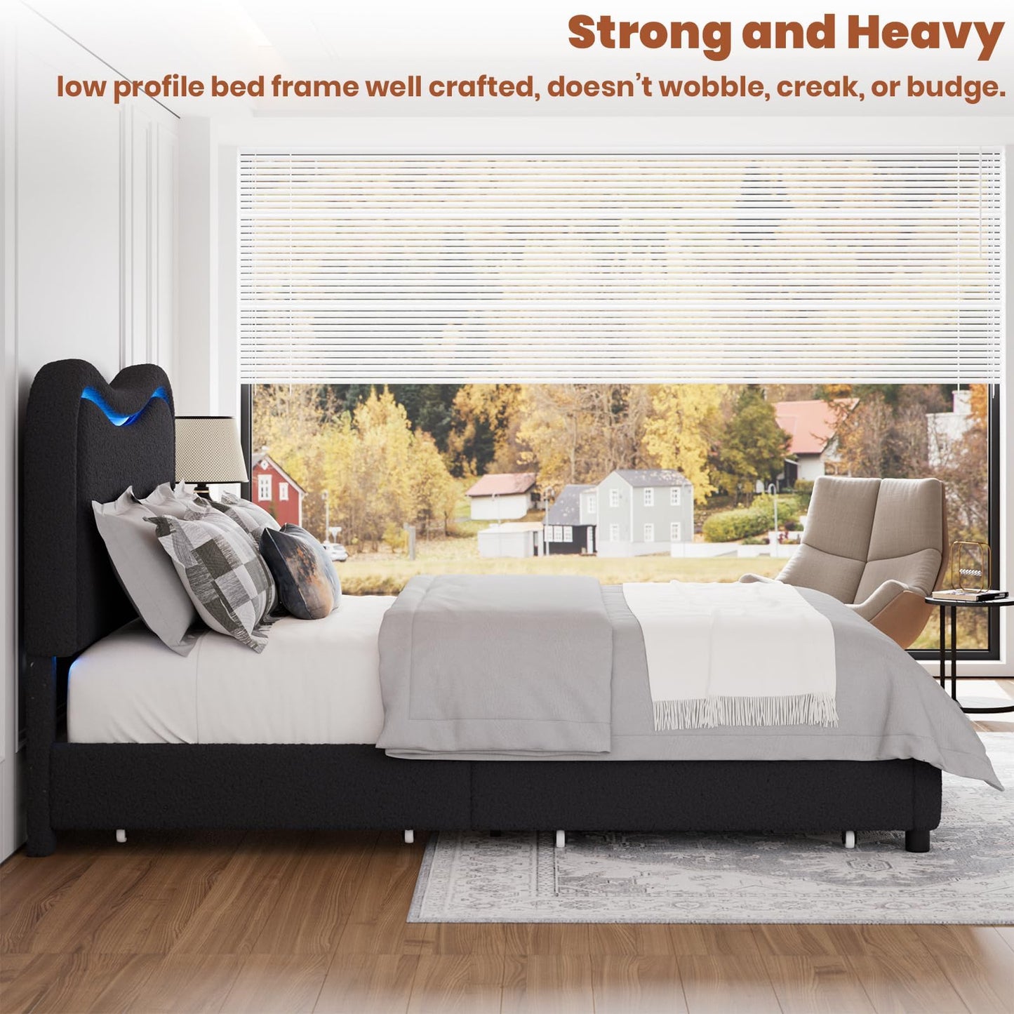GarveeHome LED Full Size Bed Frame with 2 Drawers and Headboard, Cute Upholstered Bed with Storage, Sturdy Platform Bed, No Box Spring Needed, Wooden Slats, Noise Free, Black