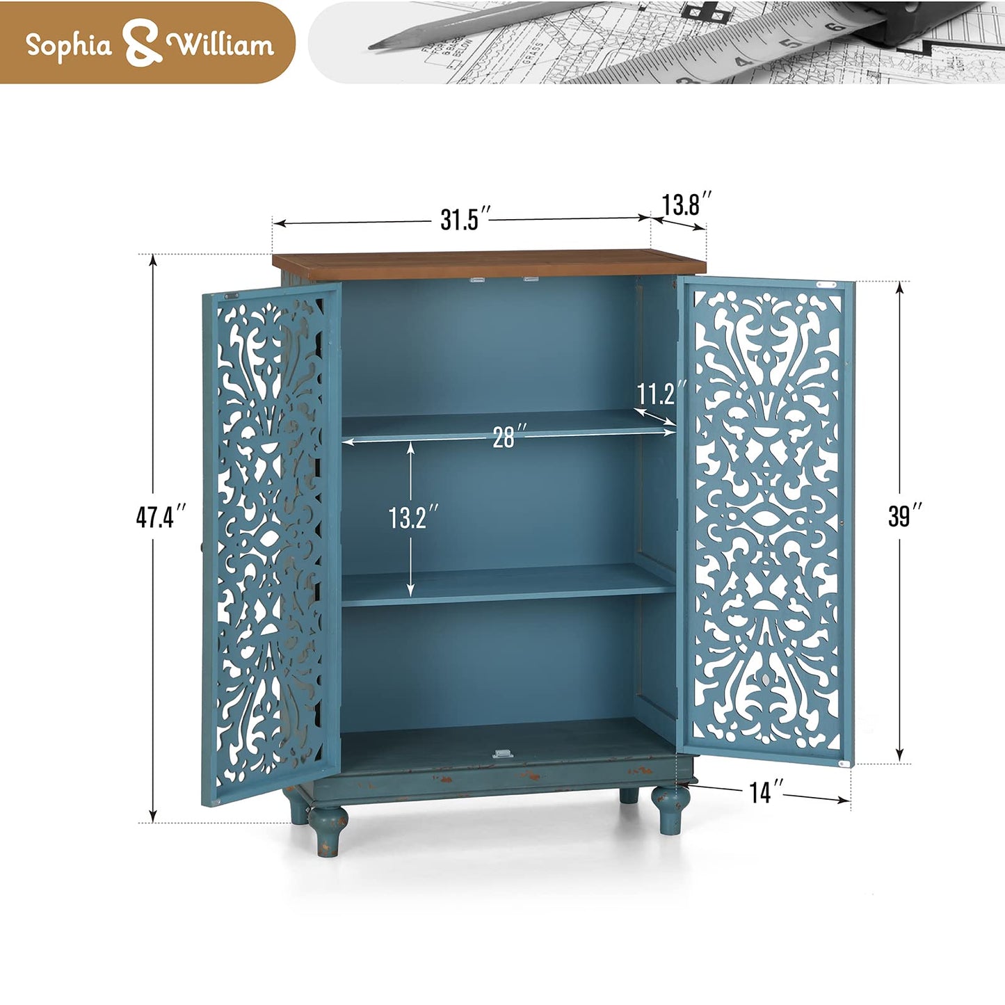 Sophia & William Tall Storage Cabinet 47.4", Decorative 2-Door Tall Accent Cabinet for Living Room, Dining Room, Blue