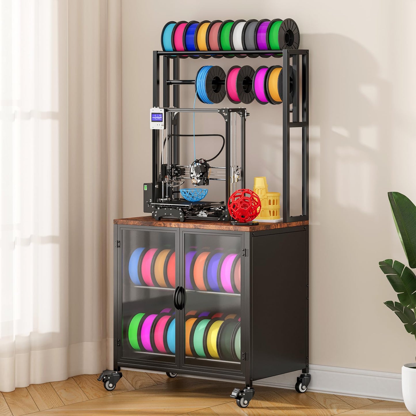MASHELLY 3D Printer Stand with Filament Storage, 29.5" x 18.9" Dustproof and Moisture-Proof Heavy Duty Large 3D Printer Table Cart with 360°Rolling & Cabinet for Workshop Studio Office (Rustic Brown)