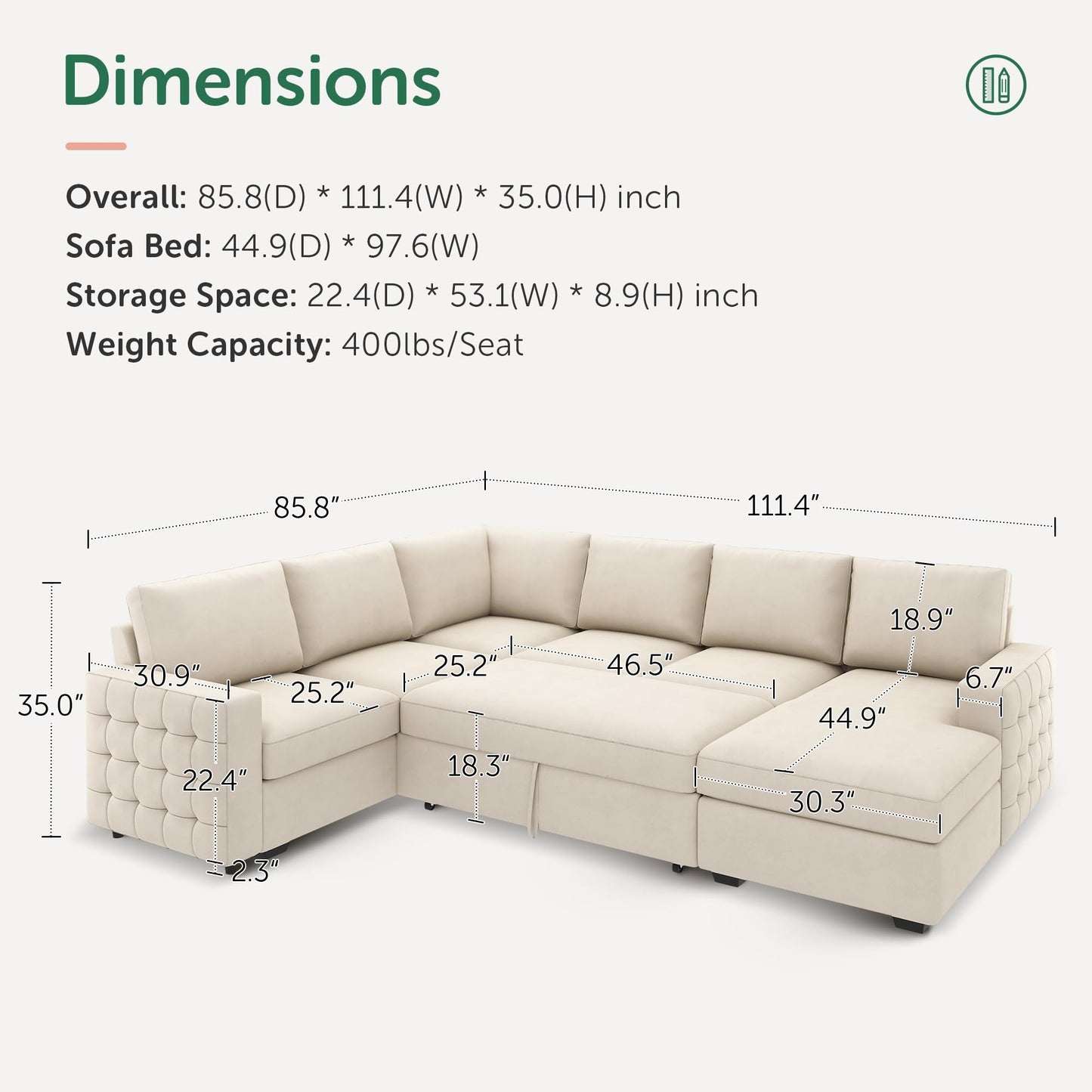 HONBAY Sectional Couch with Pull Out Bed, Sectional Sleeper Sofa with Storage, U Shape Couches for Living Room, Velvet Beige