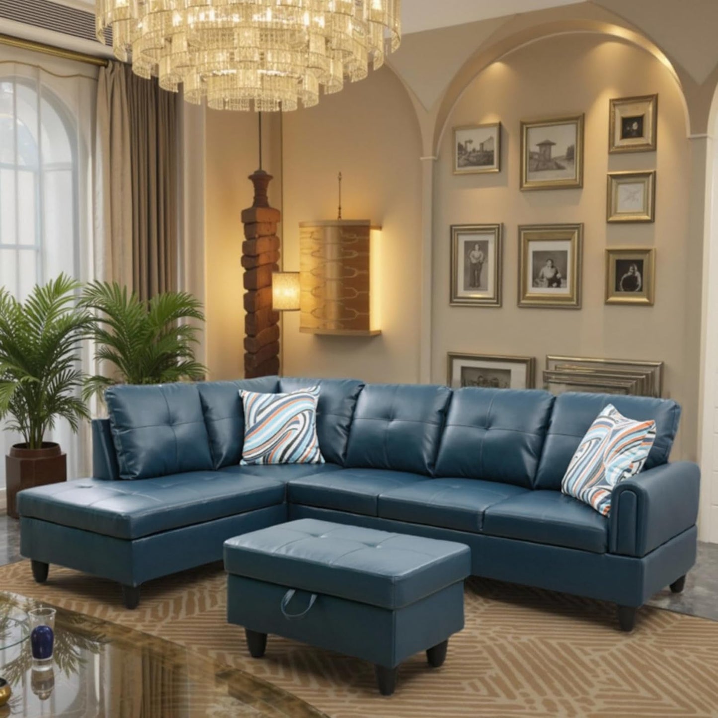 Trygoal 97" L Shaped Couch Sectional Couches with Chaise and Storage Ottoman, 3 Pieces Modular Convertible Sofa for Living Room Furniture Sets and Small Apartment Faux Leather, Grey Blue