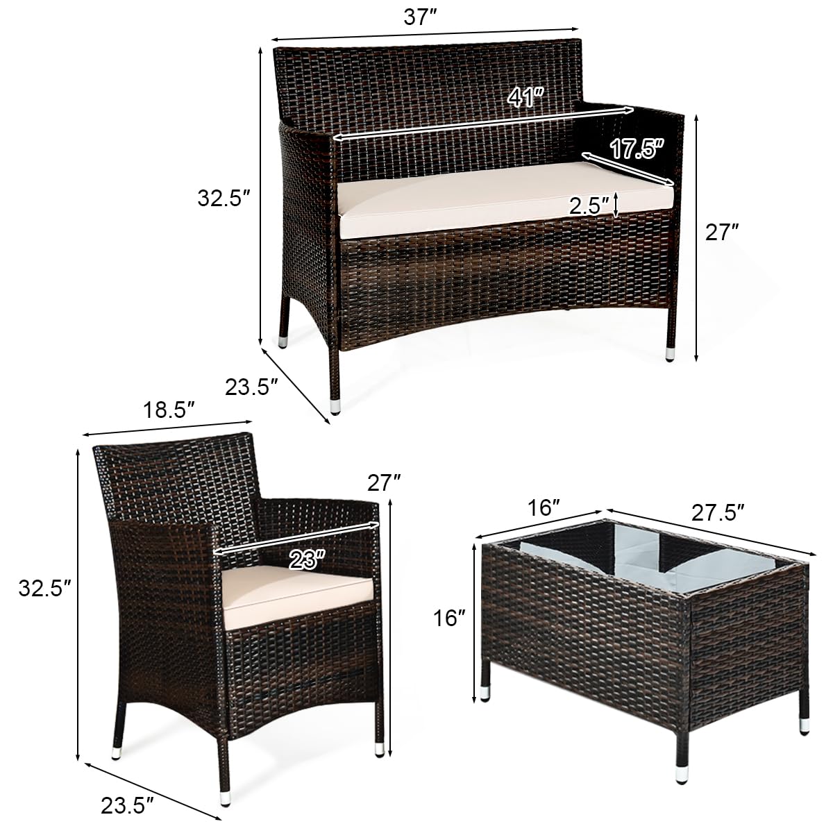 COSTWAY 4PCS Rattan Patio Furniture Set, Outdoor Wicker Rattan Chairs with Coffee Table, Rattan Cushioned Conversation Set for Backyard Balcony Porch Poolside, Brown