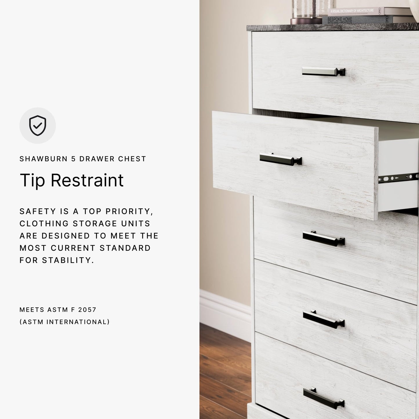 Signature Design by Ashley Shawburn Rustic 5 Drawer Chest of Smooth-Gliding Drawers and Safety Stop, White & Gray