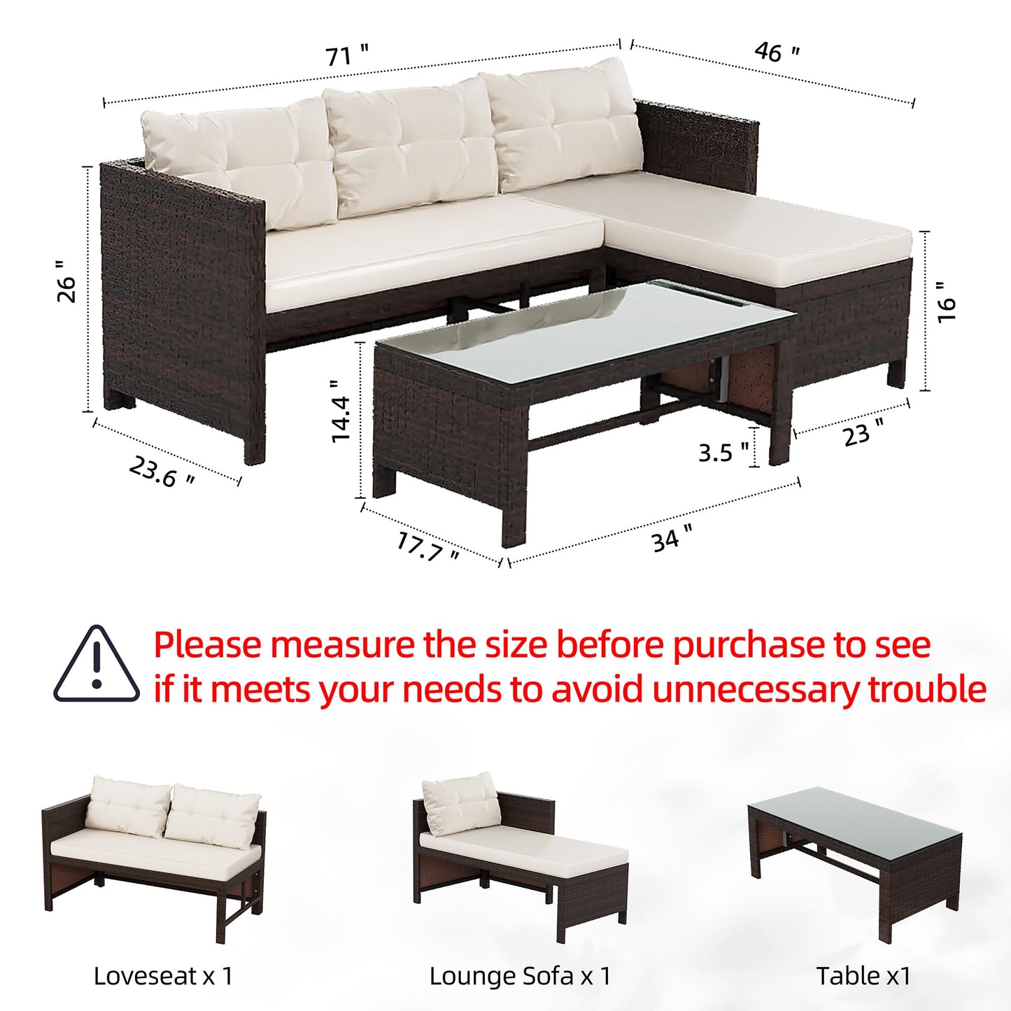 Shintenchi 3-Piece Outdoor Patio Furniture Sets, Wicker Patio Conversation Sets, All Weather Wicker Rattan Patio Seating Sofas with Glass Coffee Table and Cushion, Beige