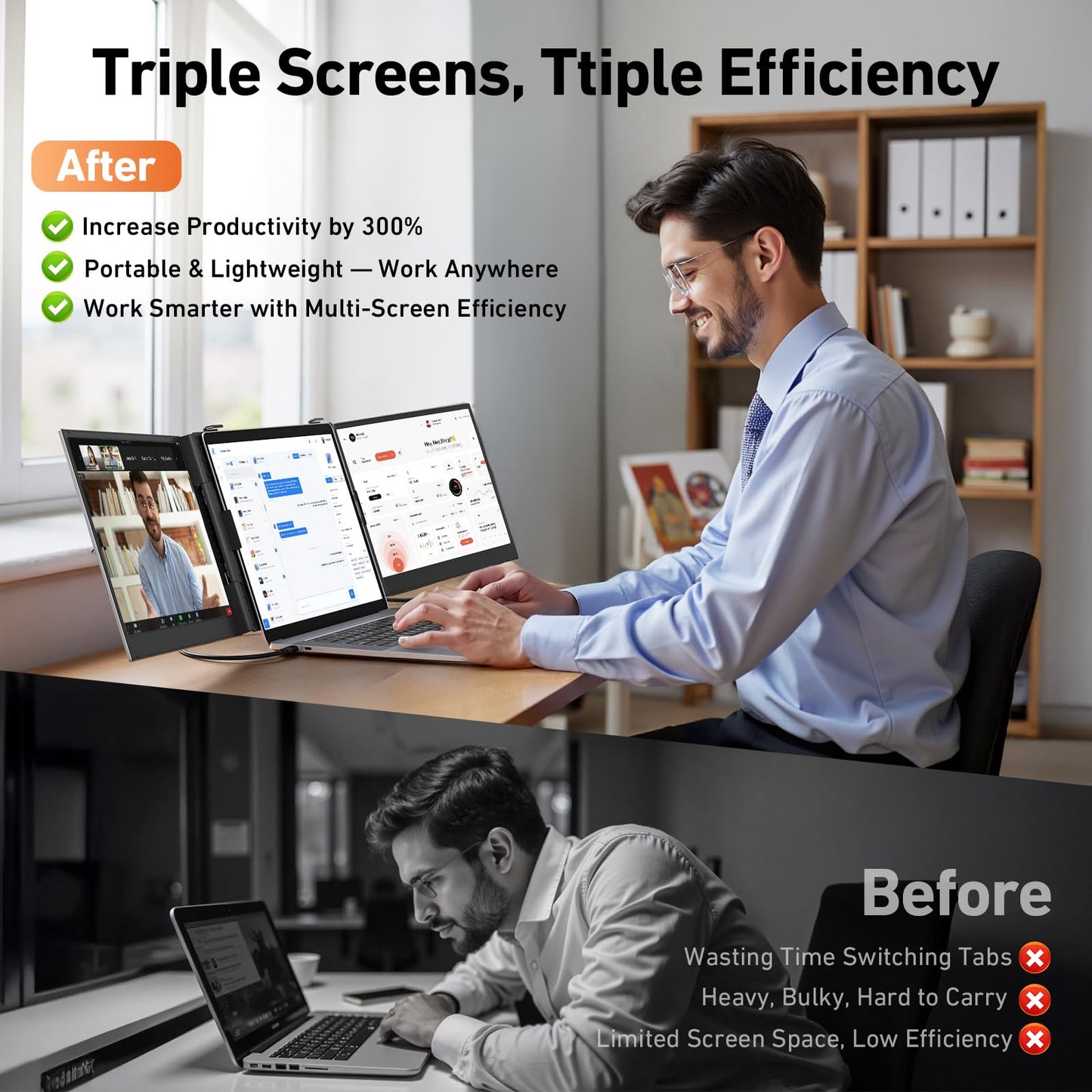 Vixtan 2.2lb Ultra-Light Laptop Screen Extender, 14.1" Triple Portable Monitor for Laptop, Ultra-Thin 1080P FHD Monitors for 13-17.3" Laptops, Triple Monitor Extended for Windows/Mac/Chrome
