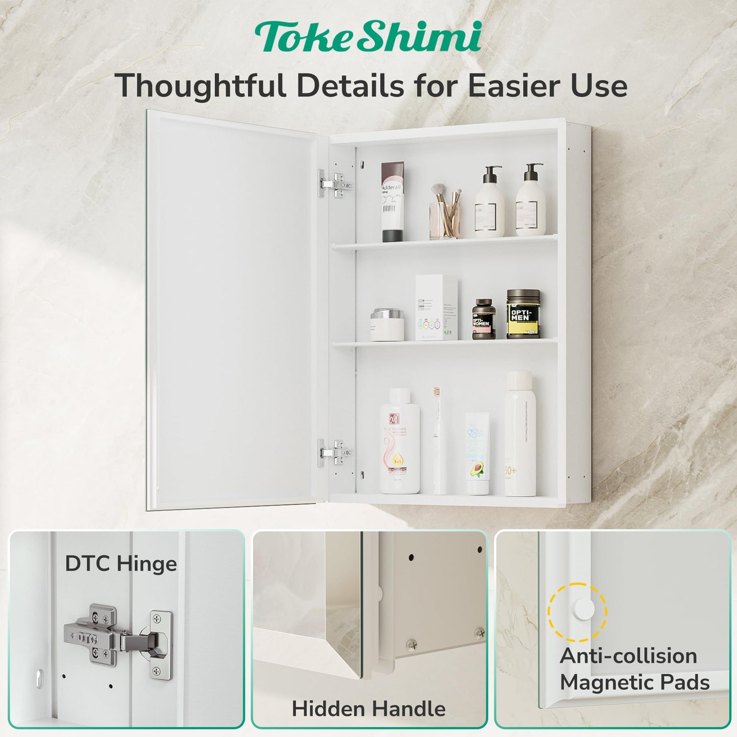 TokeShimi 30 x 26 Medicine Cabinet, Assembly Required, Recessed Medicine Cabinet with Tempered Beveled Mirror, DTC Hinge, Frameless Bathroom Mirror with Storage, Recessed/Surface-Mounted