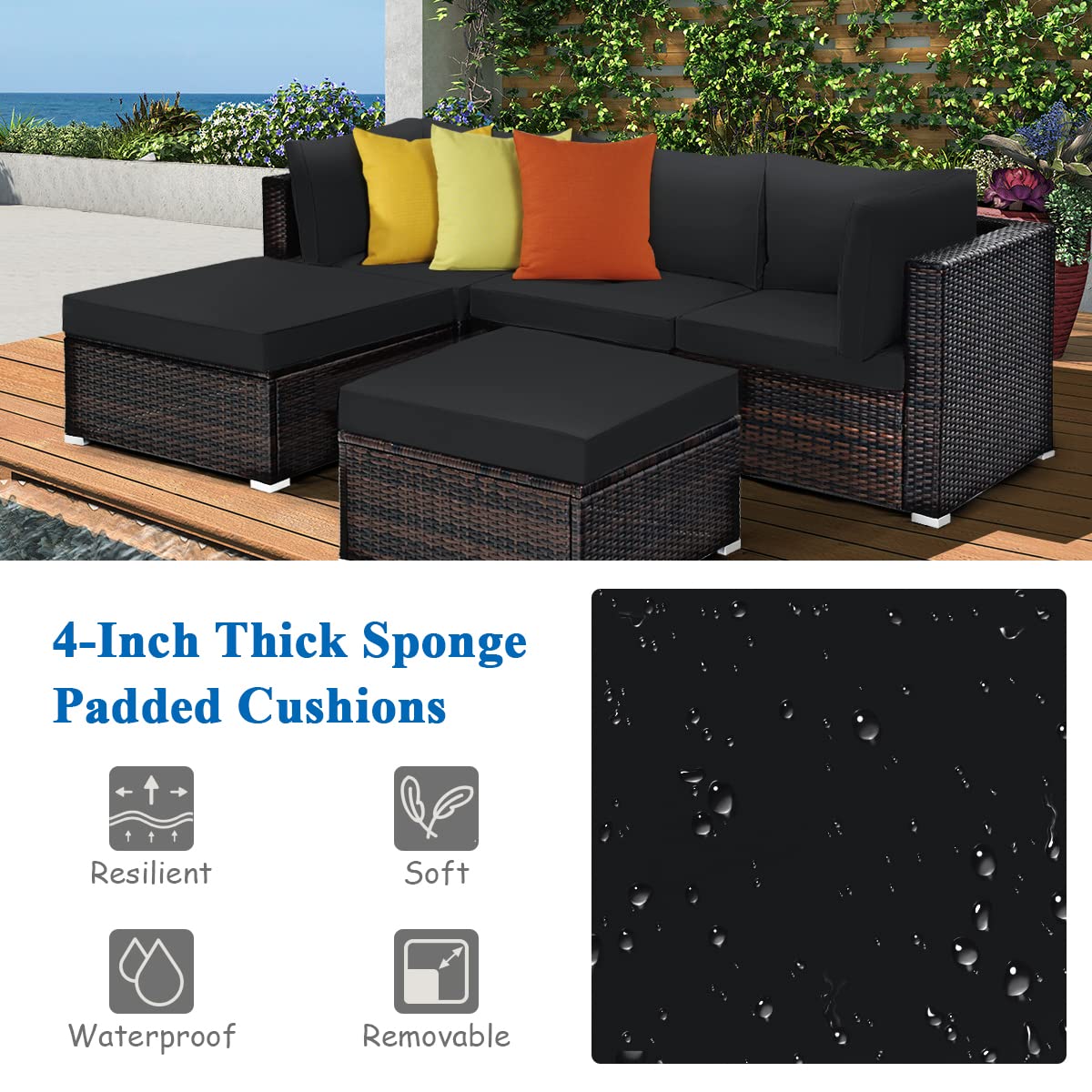 Tangkula 5 Piece Patio Rattan Furniture Set, Outdoor Sectional Rattan Sofa Set with Back & Seat Cushions, Wicker Conversation Set with Tempered Glass Table for Backyard Porch Poolside (Black)