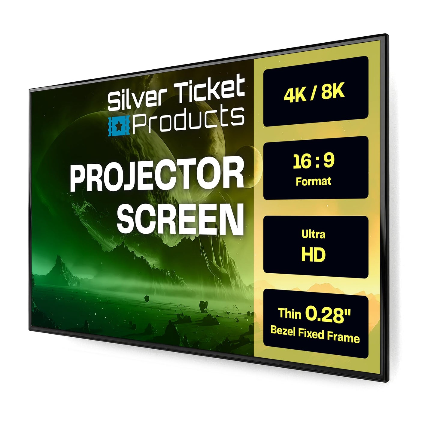 Silver Ticket Products S7 Series 6 Piece Thin Bezel Home Theater Fixed Frame 4K/8K Ultra HD, HDTV, HDR & Active 3D Projection Screen, 16:9 Format, 150" Diagonal, White Material S7-169150