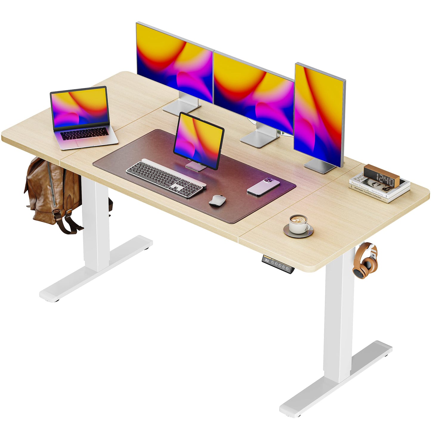 Huuger 55 x 28 Large Electric Standing Desk, Height Adjustable Desk, 27.6" Deep Desktop, Stand up Gaming Computer Office Desk with 2 Hooks, 3 Preset Heights, for Home Office, Maple