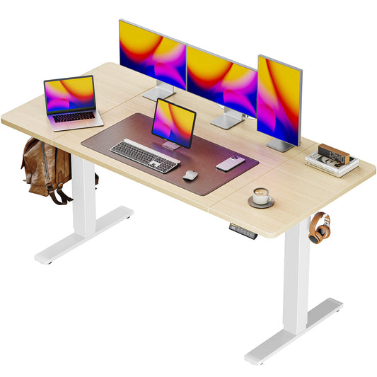 Huuger 55 x 28 Large Electric Standing Desk, Height Adjustable Desk, 27.6" Deep Desktop, Stand up Gaming Computer Office Desk with 2 Hooks, 3 Preset Heights, for Home Office, Maple