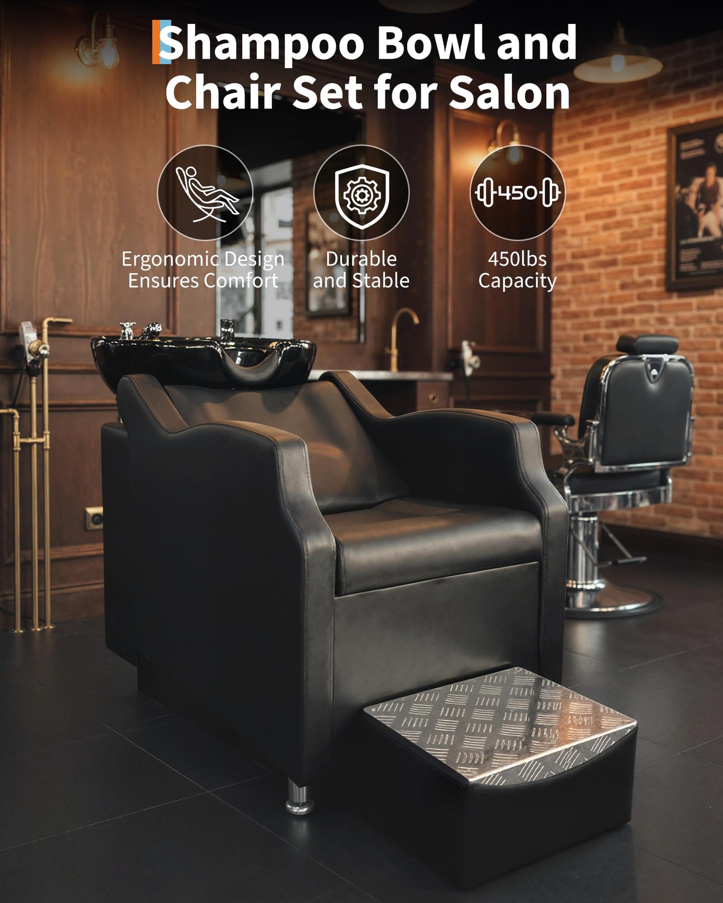 Garvee Shampoo Bowl and Chair Set for Salon, 450LBS Capacity Hair Washing Station, ABS Shampoo Bowl Sink Chair with Footrest for Hair Stylist Spa Beauty Barbershop, Black
