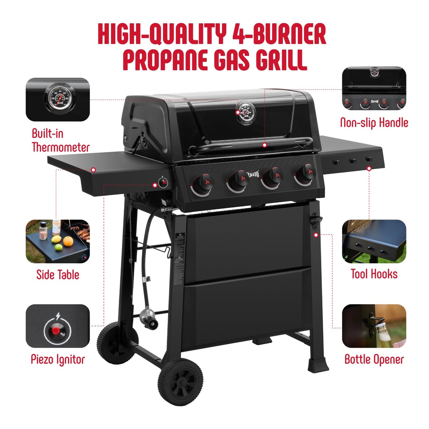 Feasto 4-Burner Gas BBQ Grill with Side Tables, 36,000 BTU Outdoor Propane Grill with Premium Enameled Coated Chamber Body & Porcelain-Enameled Grates for Deck Party & Patio BBQ, 559 Sq. In., Black