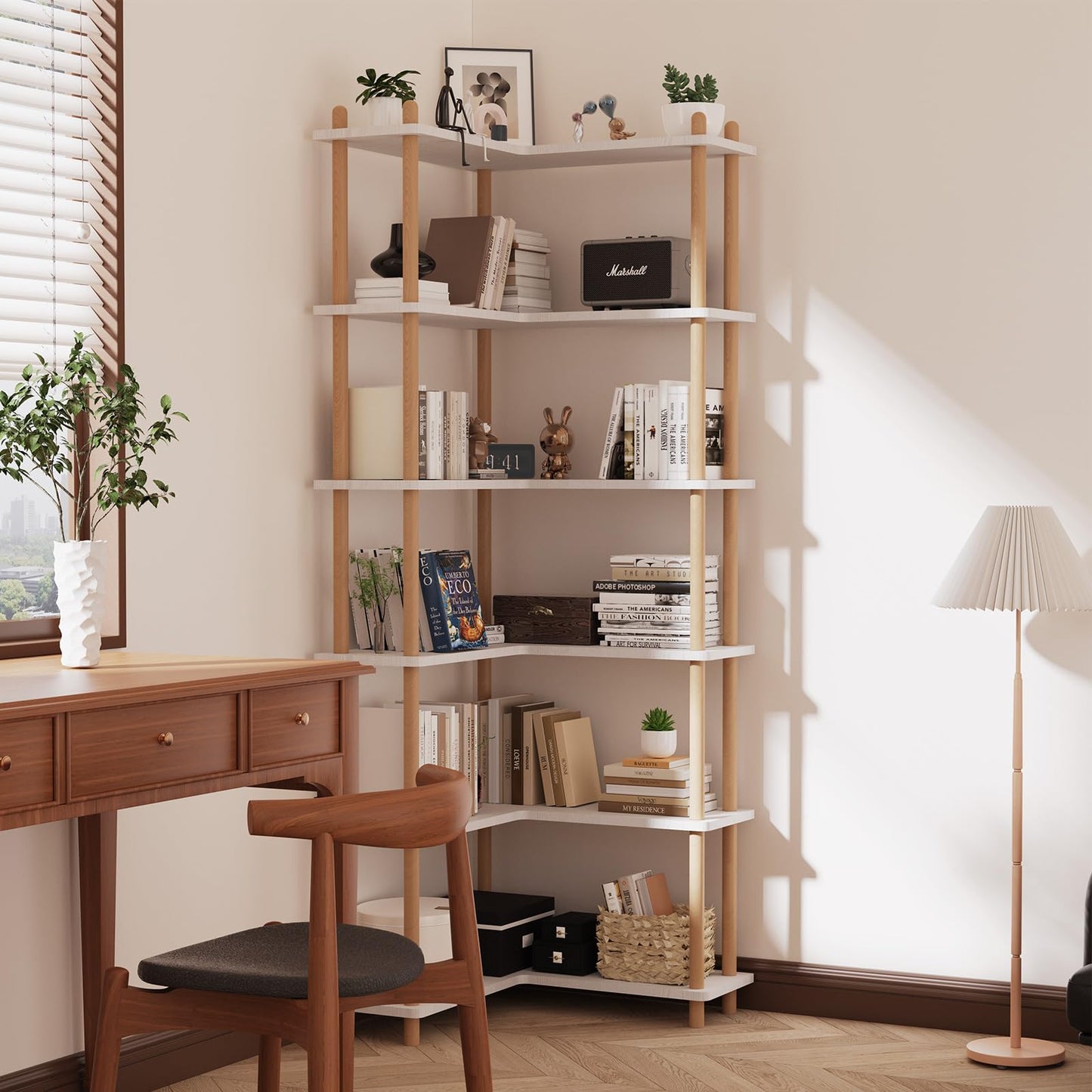 5-Tier White Corner Bookshelf with Solid Beech Wood Poles, 70.8" Tall Easy-Assembly Corner Shelf Unit, Free-Standing Bookcase for Living Room Bedroom Home Office, Space-Saving Corner Storage Solution