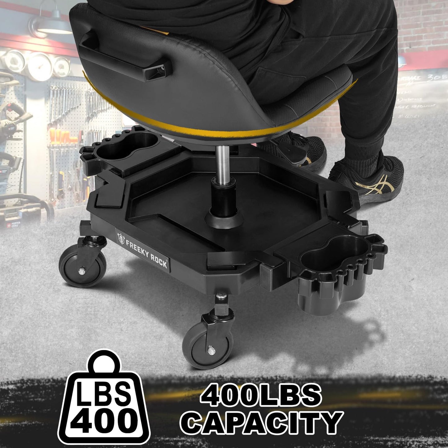 FREEKYROCK Rolling Stool with Wheels, Adjustable Height Pneumatic Garage Work Mechanic Stool Seat with Backrest, 400 LBS Capacity 360° Swivel Mechanic Crepper Chair with Tool Tray Storage, Yellow