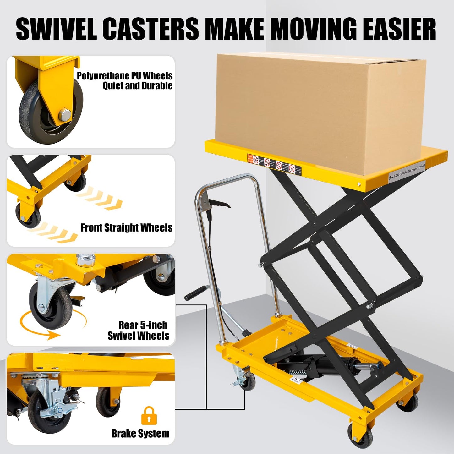 Hydraulic Lift Table Cart, 770lbs Capacity 59'' Max Lift, Double Scissor Lift Table w/4 Wheels & Non-Slip Pad, Heavy Duty Hydraulic Platform Lift Cart for Warehouse, Shop, Garage Material Handling