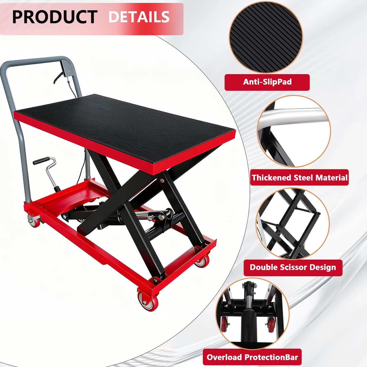 Hydraulic Lift Table Cart, 1100 LBS Load Capacity 32 in Lifting Height, Manual Single Scissor Lift Table with Non-Slip Pad and 4 Wheels,Hydraulic Scissor Cart (1100 LBS - Single - Red Black)