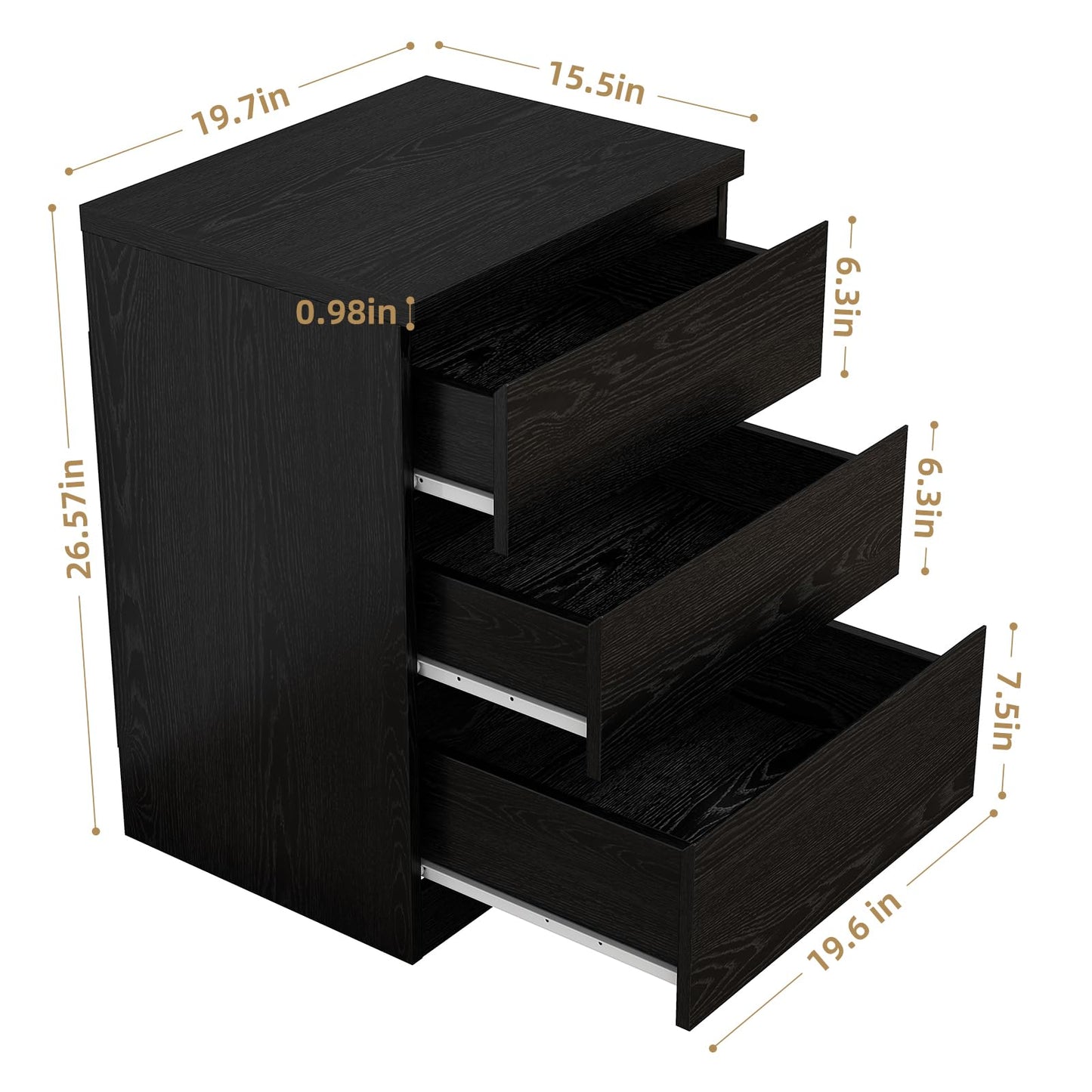 Lyon Sence Nightstand with Drawers, Bedside Table with Drawers, Sofa Side Table Storage Cabinet, Night Stand for Bedroom Living Room (2, 3 Drawers Black)