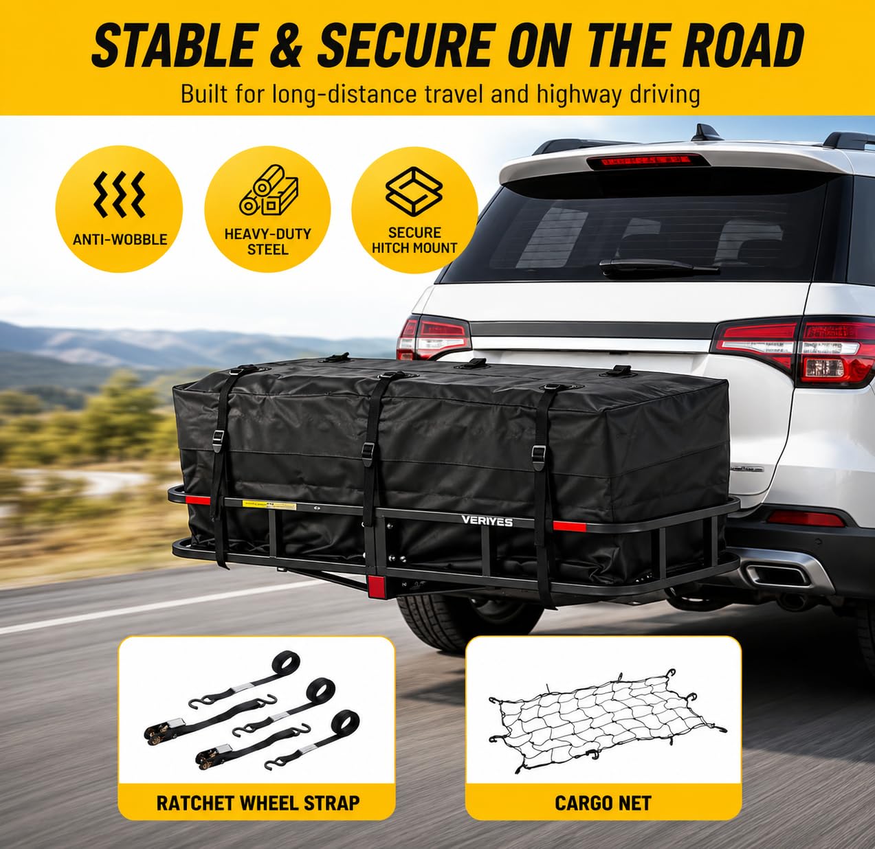 Hitch Cargo Carrier with Waterproof Bag, 60" x 20" x 6" Trailer Hitch Cargo Basket, 500 lbs Capacity Rear Luggage Rack with Cargo Net & Ratchet Straps, Fits 2" Hitch Receiver for SUV, Truck, Pickup