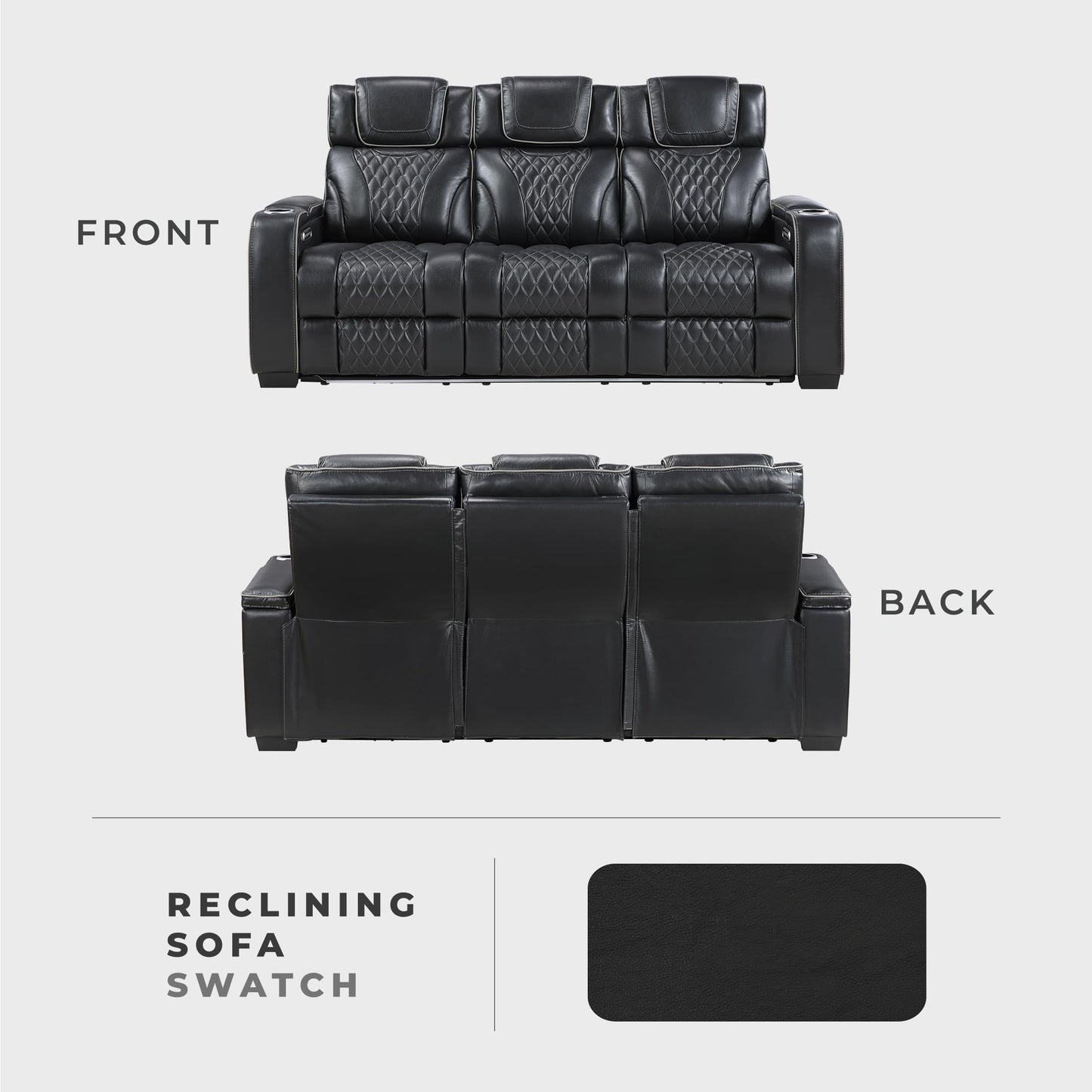 Lexicon Power Double Reclining Sofa, Center Drop-Down Table with Heat/Massage/Headrest/Storage Arms/Cup Holders/LED Lights/Wireless Charging, Top Grain Leather Match Wall Hugger Recliner Sofa, Black