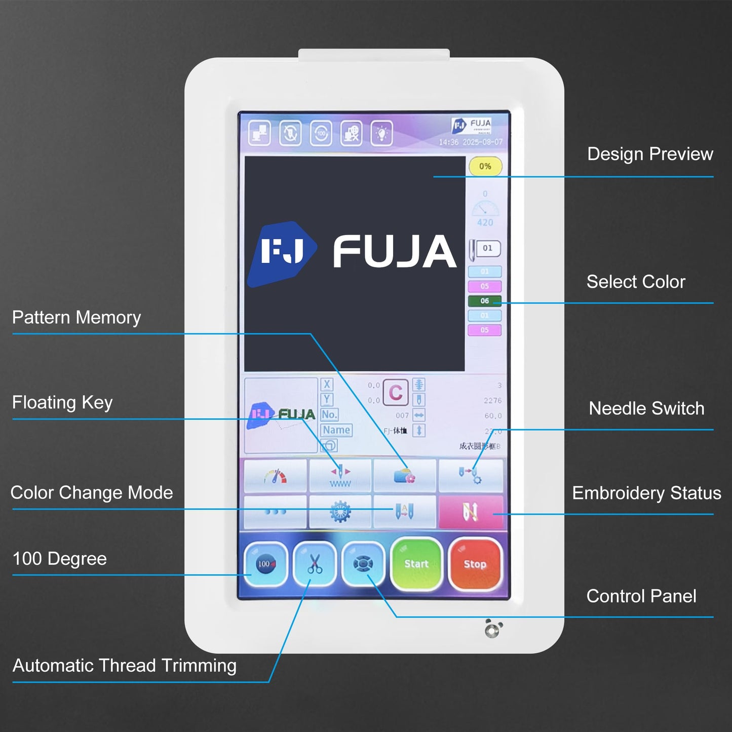 FUJA Commercial Embroidery Machine with 10 Needles, 1200SPM Max Speed, 7" Touch Screen, 9.5" × 14.2" Embroidery Area for Small Business & Beginners, Built for Hat, Flat, Patches, T-shirt and more