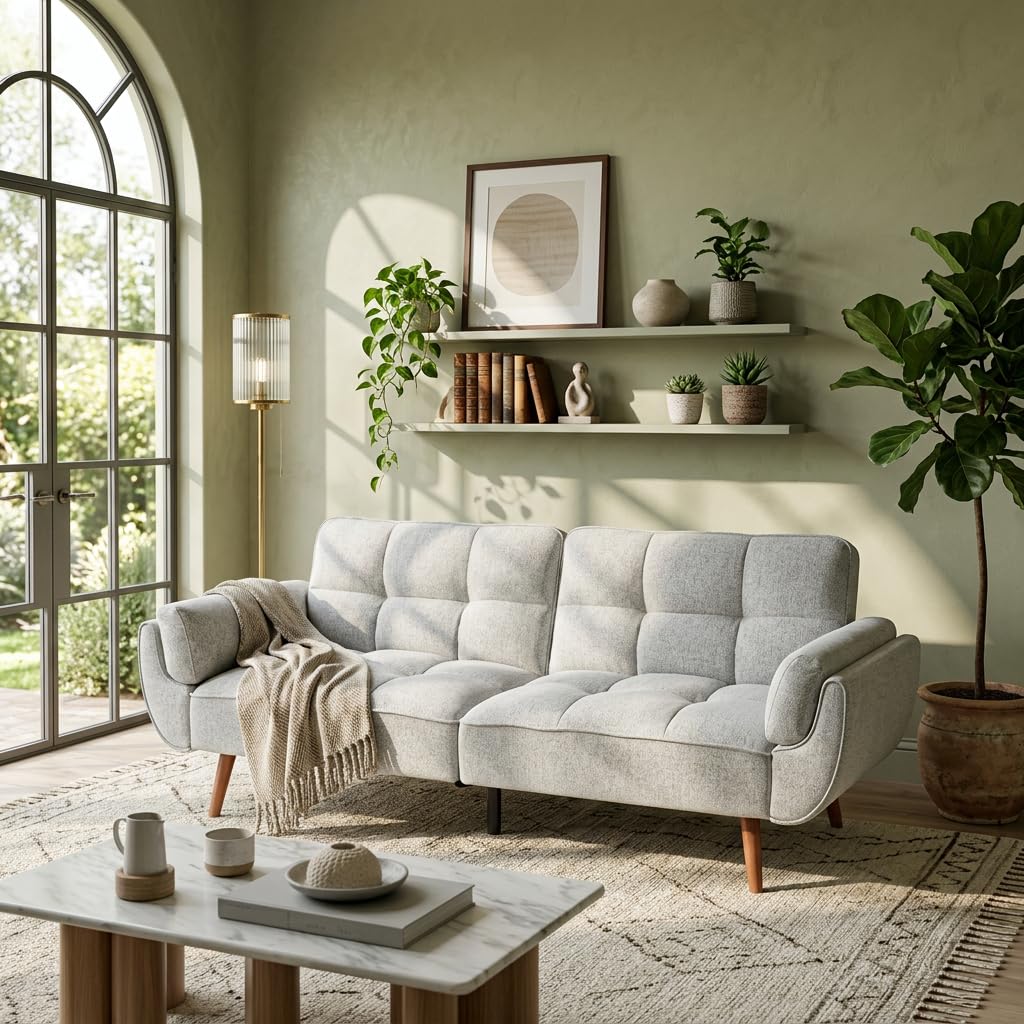 Trygoal Convertible Futon Sofa Bed, Modern Futon Couch with 2 Pillows, Small Futons Couch with Adjustable Armrest & Backrest, Loveseat Sofa Bed for Living Room, Bedroom, Gray