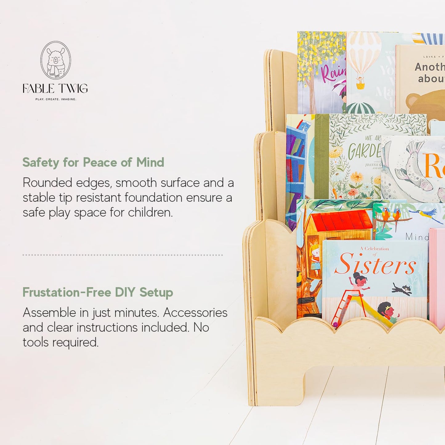 Fable Twig Wooden Kids Bookshelf w/Scalloped Edges- Made in USA- Perfect Height 3-Tier Montessori Shelf- Durable Childrens Bookcase for Kids Room or Playroom- Baby Book Shelf Nursery