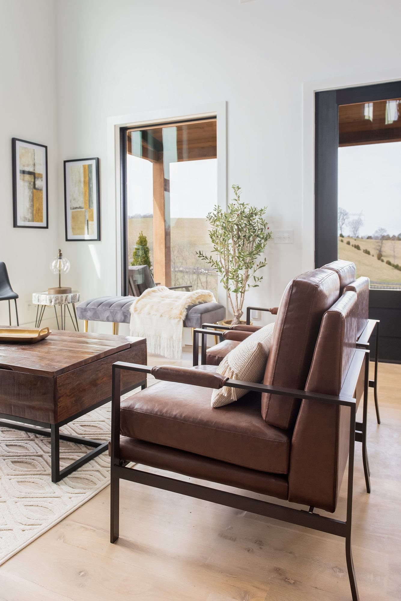 Signature Design by Ashley Peacemaker Mid-Century Modern Faux Leather Accent Chair, Brown