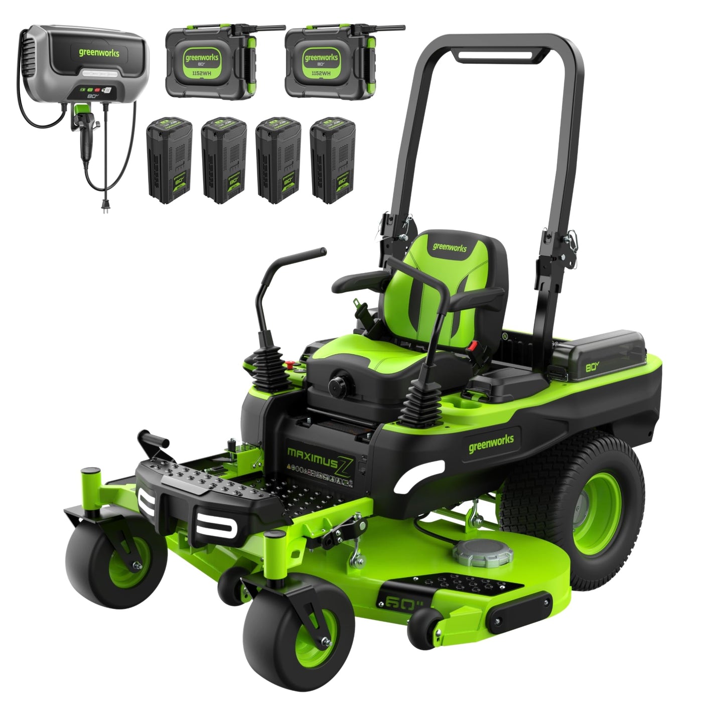 Greenworks 80V 60' Riding Lawn Mower (5.12 Acre, 41 HP Gas Equivalent, 4 MPH, Rear Dump Bed), (2) 16.0Ah + (4) 8.0Ah Batteries (5,120 Wh Max) + Turbo Wall Charger
