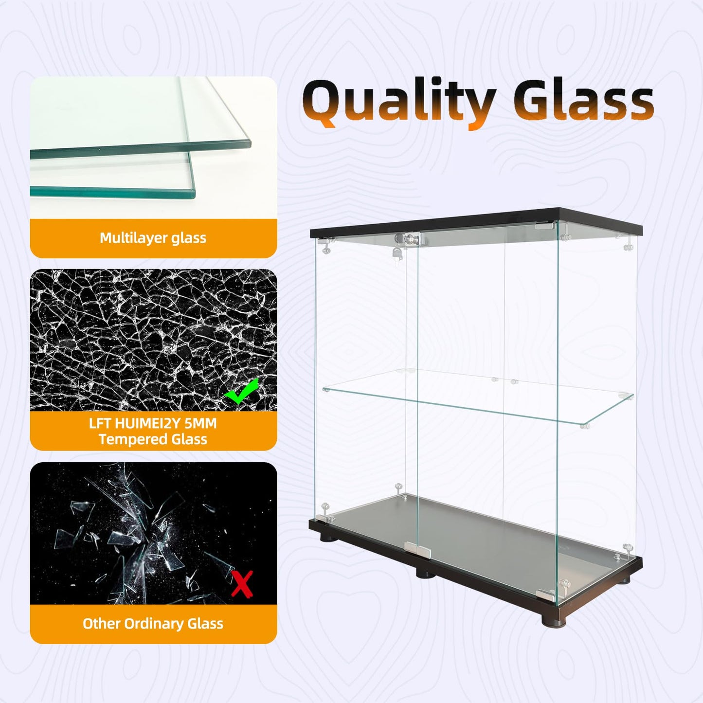 LFT HUIMEI2Y Glass Display Cabinet 2-Shelf with Double Door, Curio Cabinets Fast Installation in 30 Mins, Tempered Glass Floor Standing Bookshelf for Bedroom, Living Room 32.8”x 31.7”x 14.4” Black