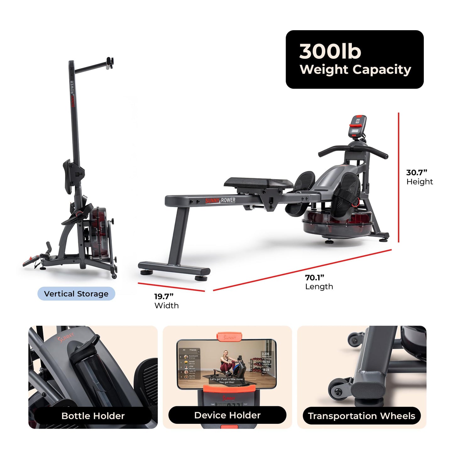 Sunny Health & Fitness Smart Dual-Rail Water Rower, 300LB Weight Capacity with Free SunnyFit App Connection – SF-RW524022
