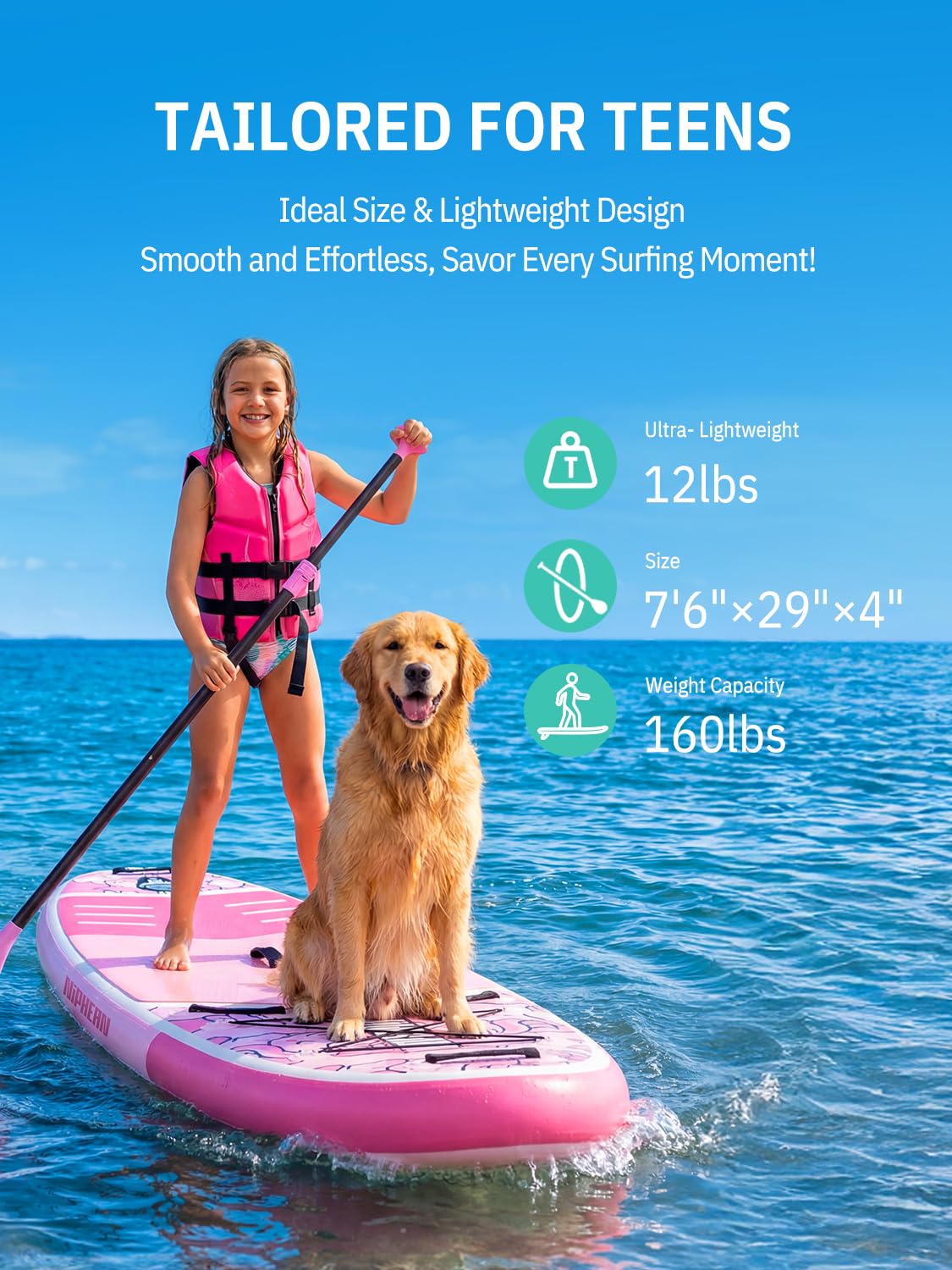 Niphean（Ultra-Light）Inflatable Paddle Board with StabilTrac Fin and Durable SUP Accessories, 10' Stand Up Paddle Boards for Adults & Youth, Versatile Yoga Paddle Board, Gift Ideas-Blush Unicorn - Kids