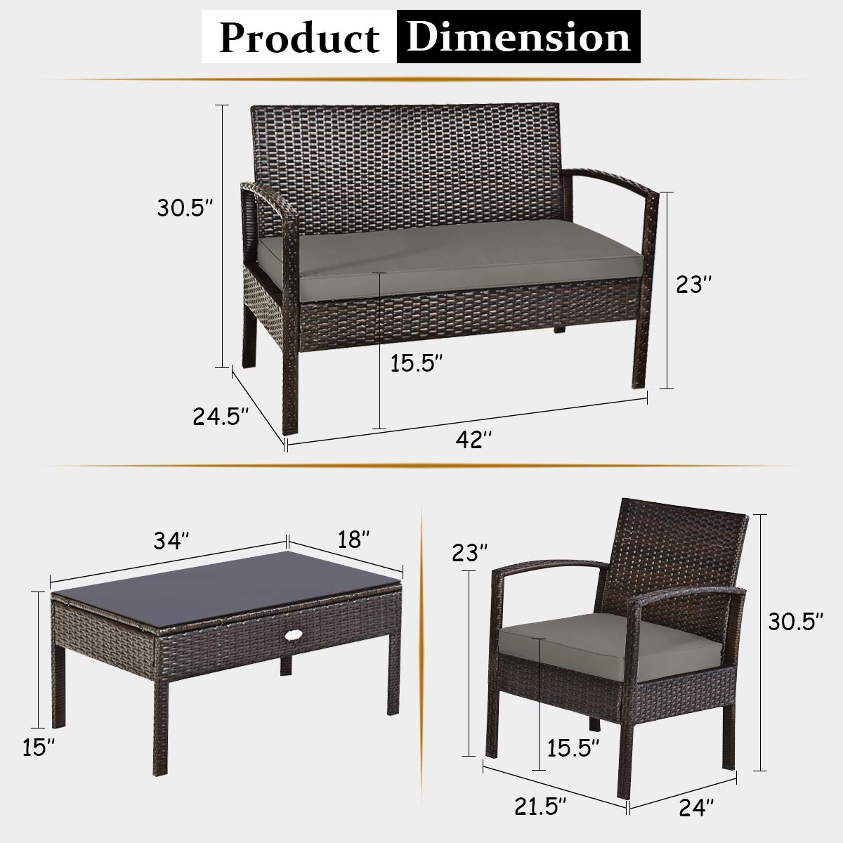 Tangkula 4-PCS Wicker Patio Conversation Furniture Set, Outdoor Rattan Chair and Table Set, Patio Furniture Sets with Coffee Table & Washable Cushions for Courtyard Balcony Garden (1, Brown)