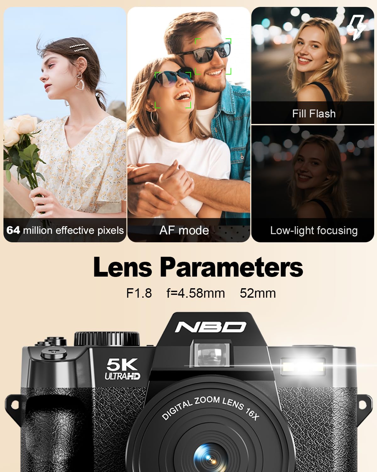 NBD 5K Digital Cameras for Photography - 16X Zoom Travel Camera with 180° Flip Screen, 64MP Vlogging Cameras Fotograficas for YouTube, 2 Batteries & 64GB TF Card,Auto Focus, Macro Lens (Black)