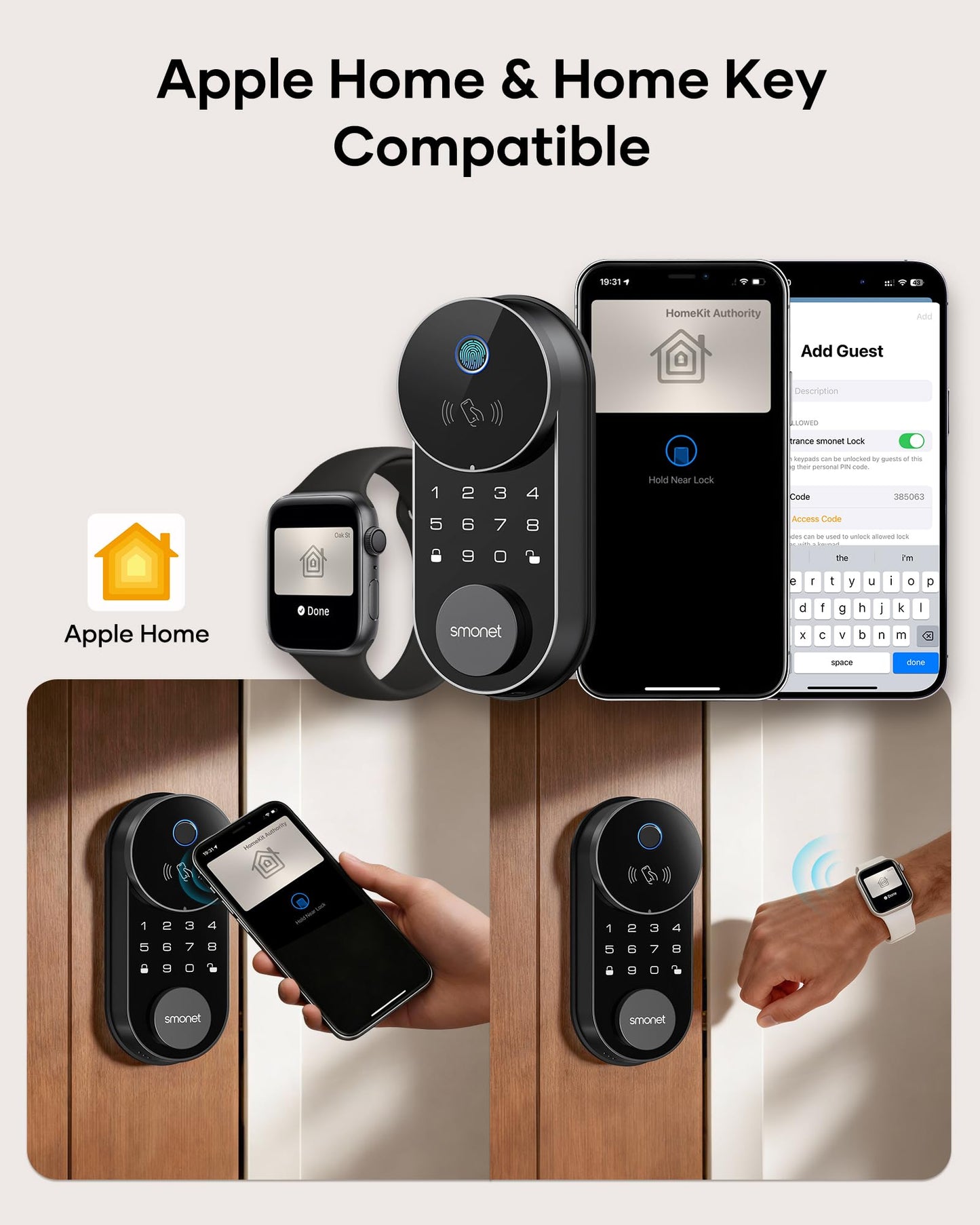 Smart Lock AH1, SMONET Fingerprint Keyless Entry Door Lock with Apple Home Key, WiFi Front Door Deadbolt Touchscreen Keypad with App Remote Control Supports Apple HomeKit, Alexa, Google Assistant