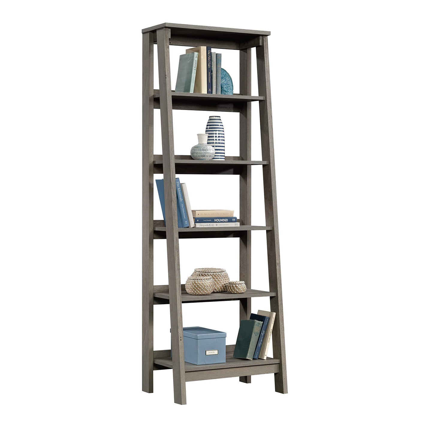 Sauder Ladder Bookshelf 5 Tier Trestle Ladder Shelf Wooden Bookcase, in Mystic Oak