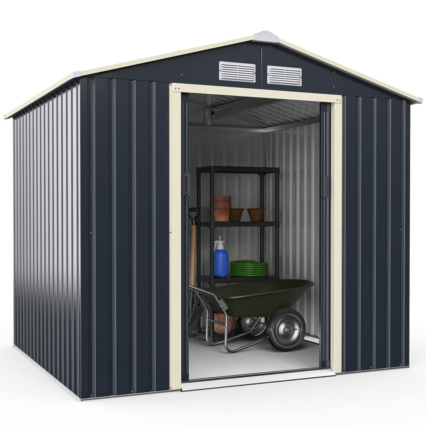 Goplus Storage Shed, Metal 7' X 6' Outdoor Building Organizer with 4 Vents & Double Sliding Door for Garden Backyard Farm (7'X6')