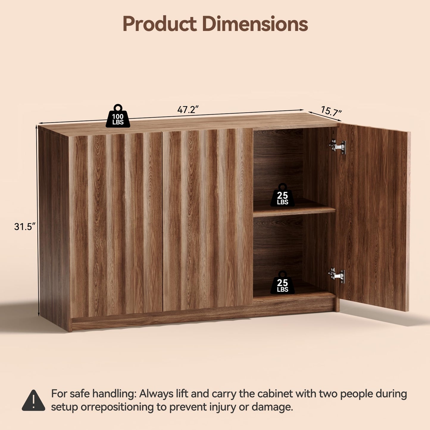 Now Mais Modern Buffet Cabinet with Storage, 47.2" Tall Fluted Arched Sideboard Cabinet w/Adjustable Shelves, Wooden Modular Coffee Bar for Dining Room, Kitchen, Living Room, Entryway, Brown