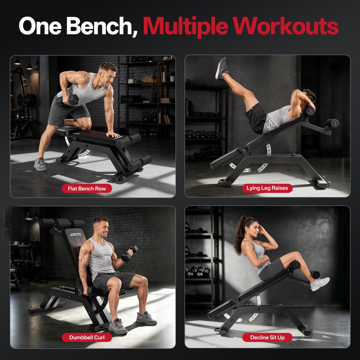 JOROTO Weight Bench, 1800LBS Capacity Workout Bench, 18” Bench Press Height, 8+5 Adjustable Weight Bench with Flat/Incline/Decline Angle, Sit Up Bench for Home Gym Strength Training