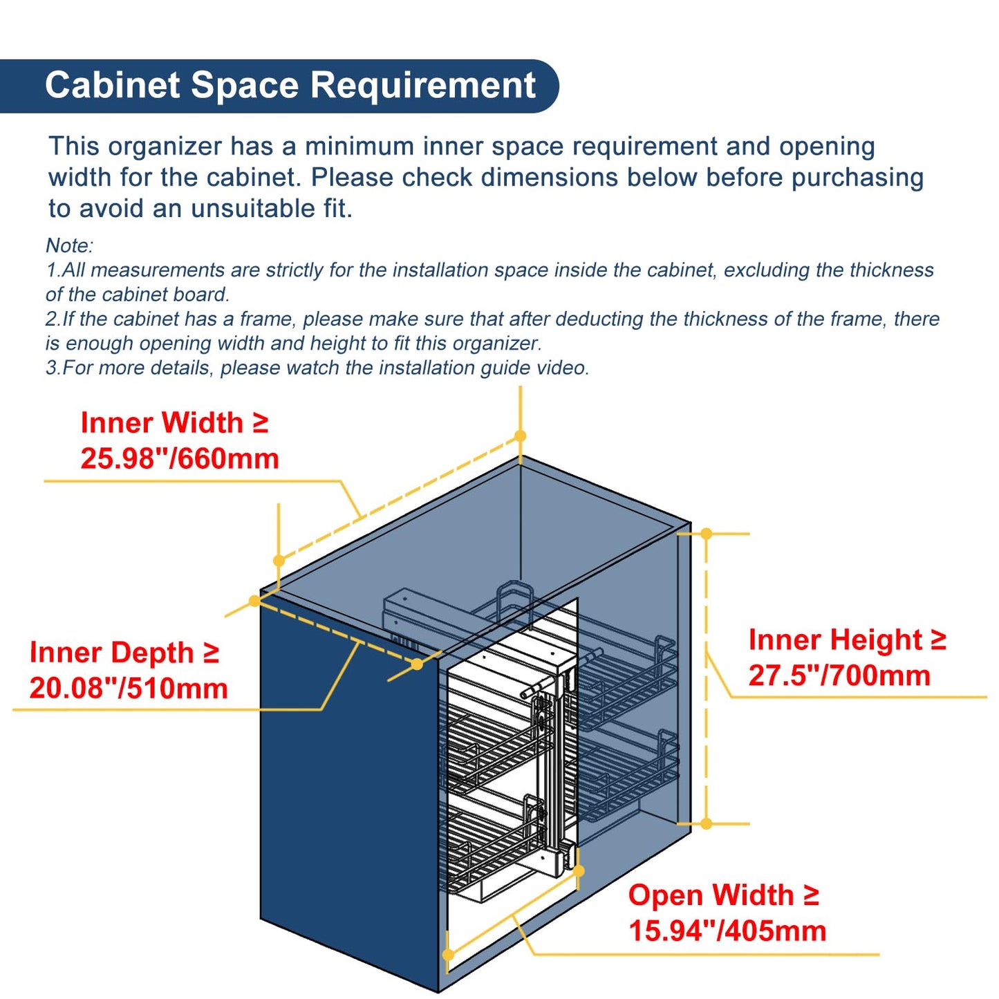 VADANIA Blind Corner Pull Out Organizer for 36" Cabinet, Left Open & Right Open Compatible, Min Opening 15", 2-tier Pull-out Basket, Soft Close, Bottom Mount