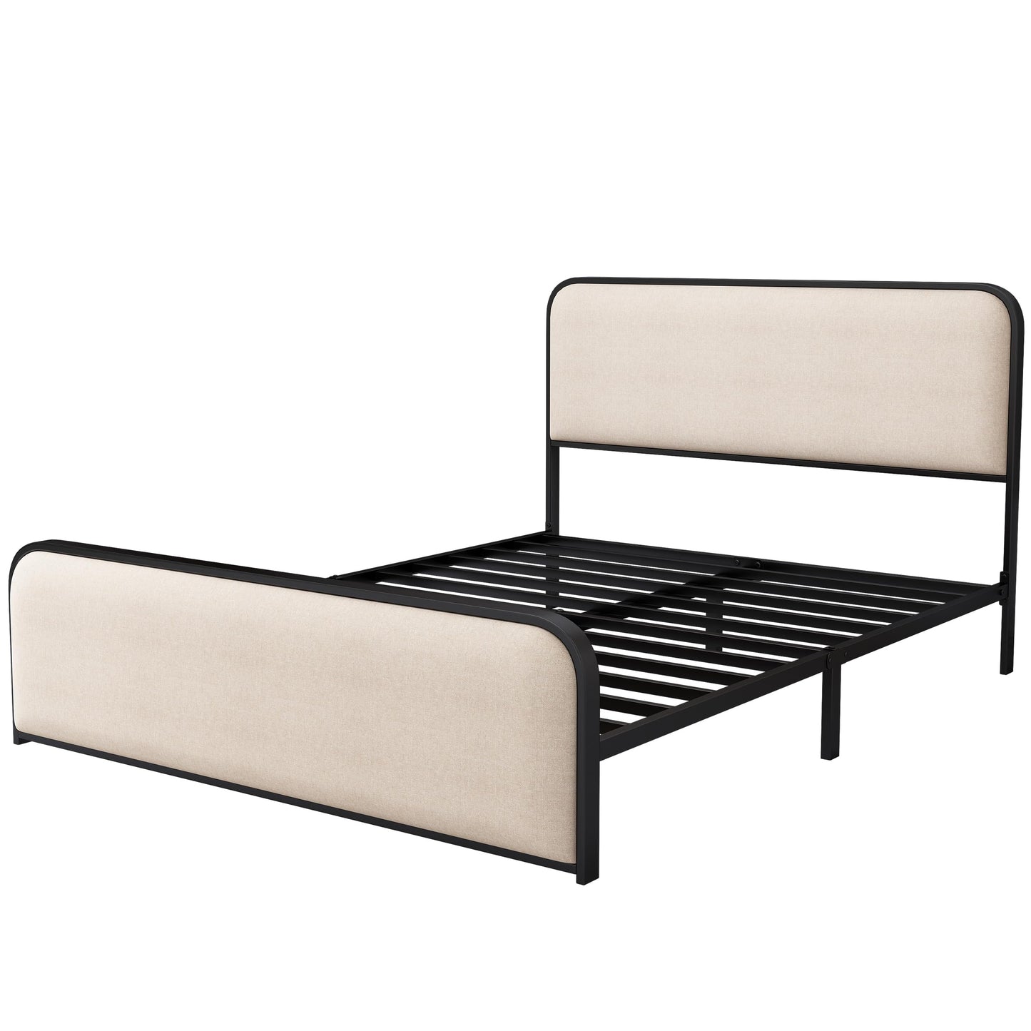 Merax Metal Platform Bed Queen Size with Curved Upholstered Headboard and Footboard, Queen Bed Frame with 8" Storage Space Under Bed, Heavy Duty Metal Slats, No Box Spring Needed, Easy Assembly, Beige