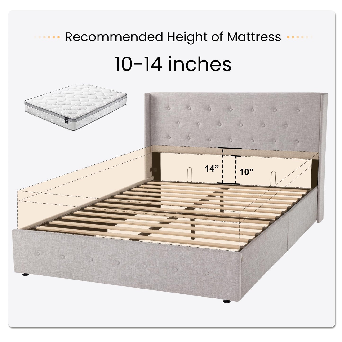SHA CERLIN Queen Size Lift Up Storage Bed Frame,Button Tufted Wingback Headboard,Upholstered Platform,Hydraulic Storage,Wooden Slat Support,No Box Spring,Light Beige