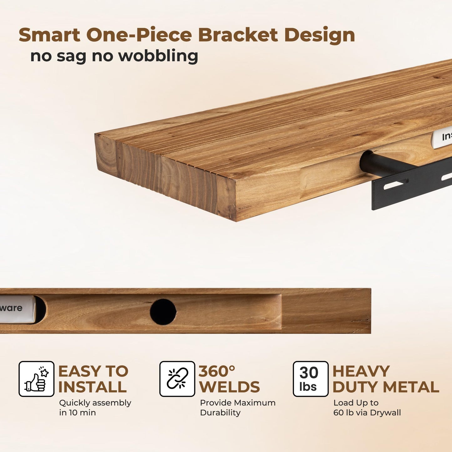 Axeman Rustic Elm Wood Floating Shelves - 72'' W x 8" D Wall Mantel Shelf with Invisible Bracket, Large Long Wall Mounted Storage Shelves for Living Room, Bedroom, Kitchen, Bathroom, Natural