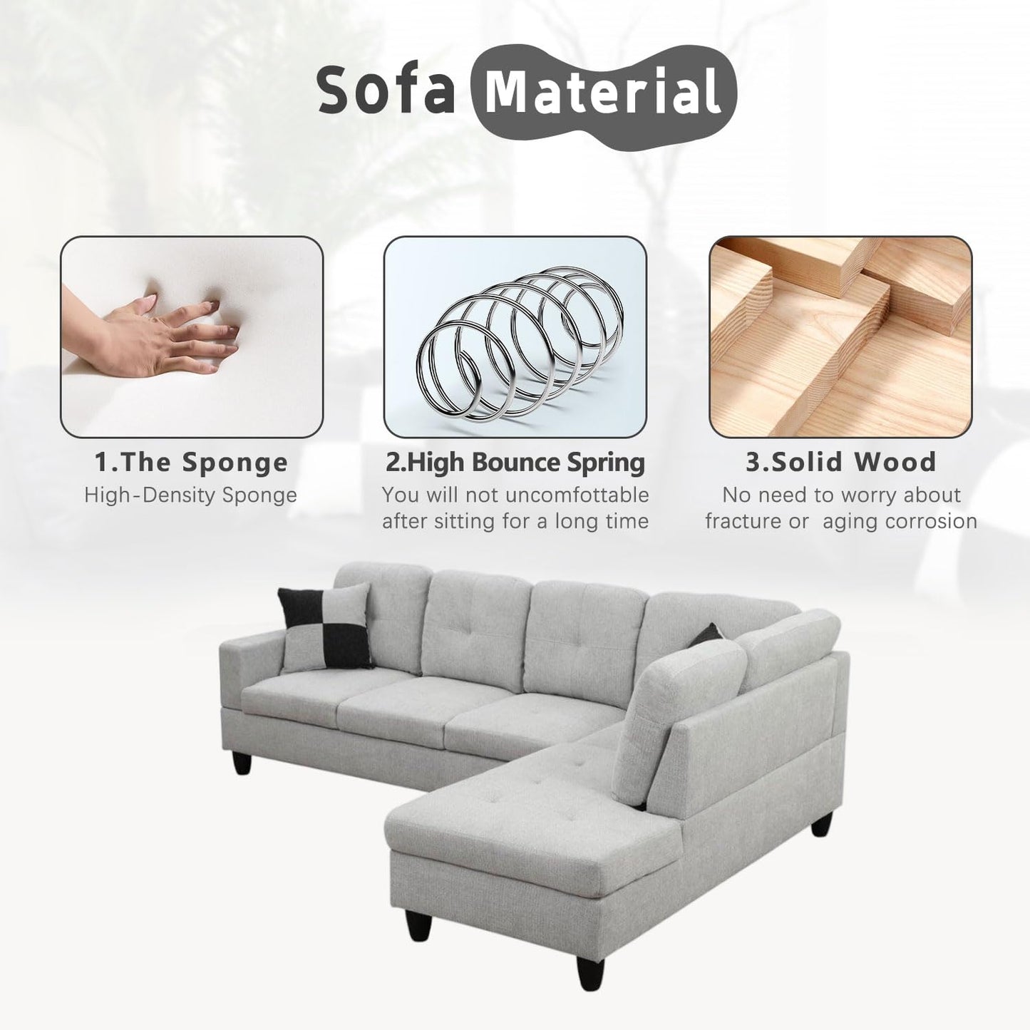 UOCFYK L-Shaped 3-Piece Flannel Sofa with Storage Ottoman Set, Sectional Couch Sofa Set for Living Room, Office, Small Space, Light Grey